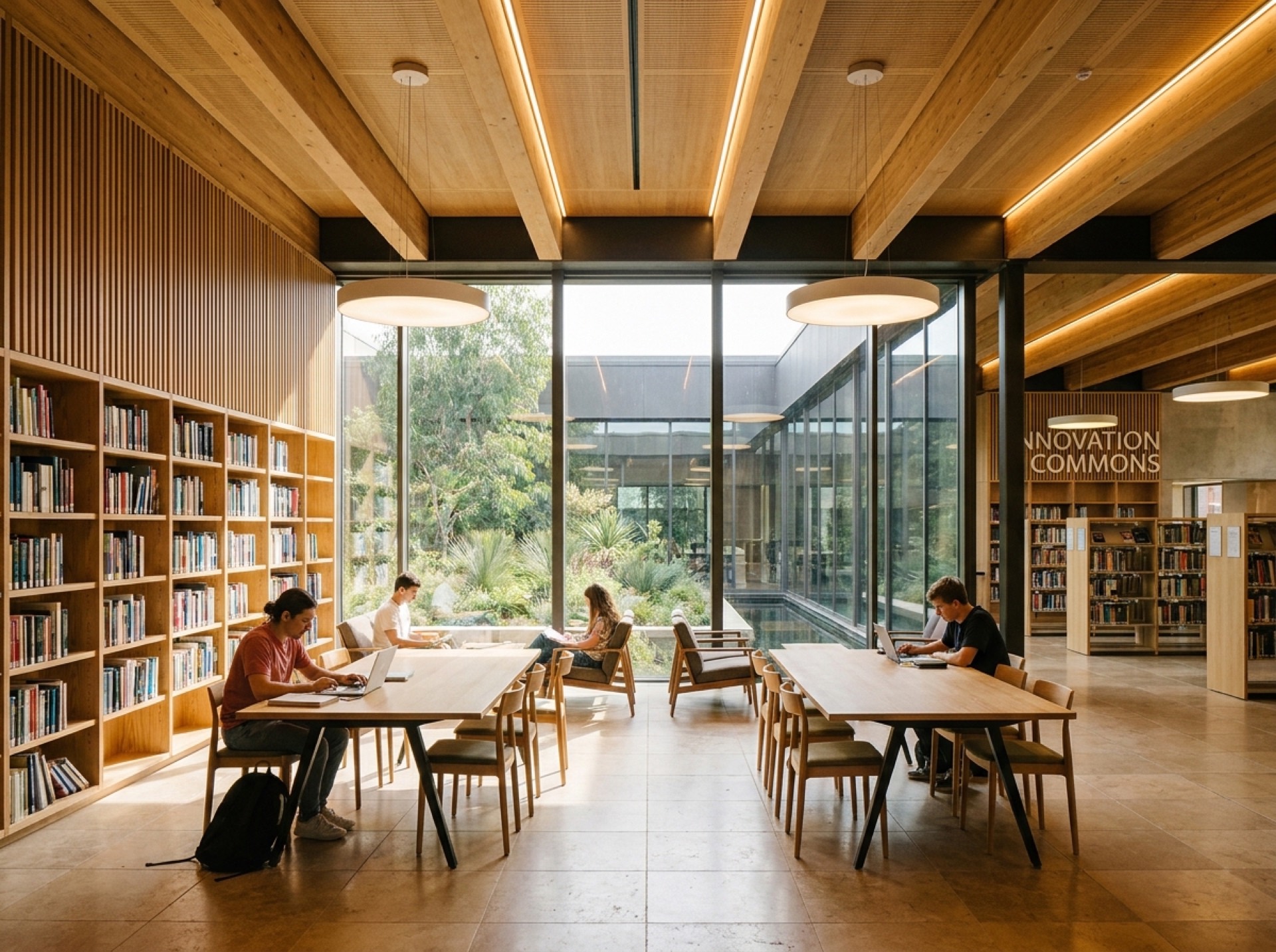 Aurelia students learning in a sunlit architectural space